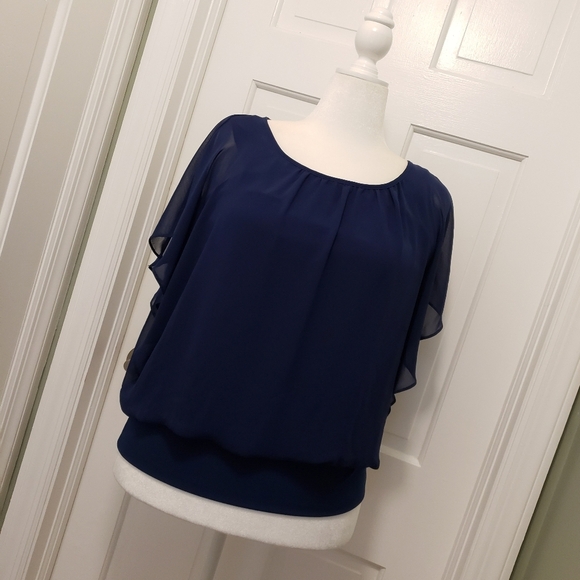 Style & Co. Navy Knit Top Flutter Shee Sleeves Sheer Overlay Elastic Hemline Lge - Picture 1 of 11